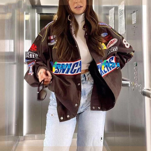 Bomber Jacket Printed Zipper Long Sleeve Vintage - ROUTINE FASHION